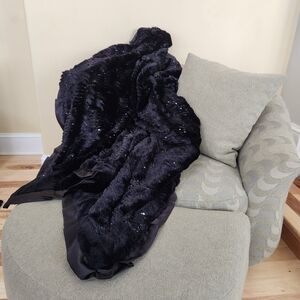 MINKY COUTURE Monster Plush Blanket Black Sparkle Satin Hem Handmade USA Cozy